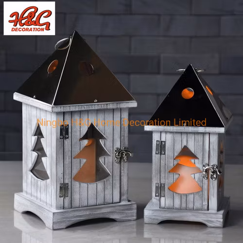 Lanterna con candela a LED in legno tagliato per albero di Natale Lanterna superiore in acciaio inossidabile rosa