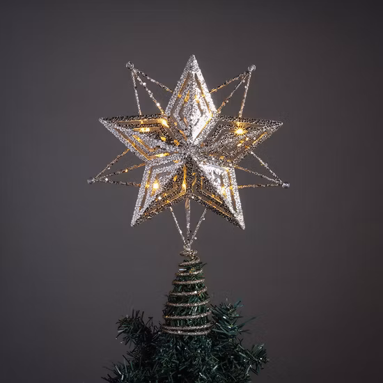 Pendenti ornamentali decorativi cavi dorati Stella Topper per albero di Natale con luce a LED
